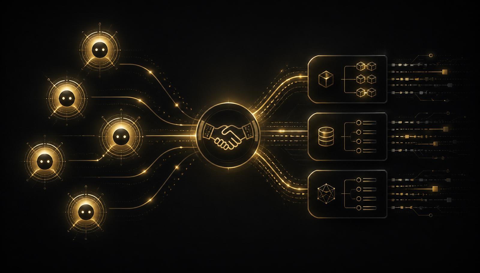 Autonomous AI agents connecting through a protocol handshake to structured schema and API data blocks