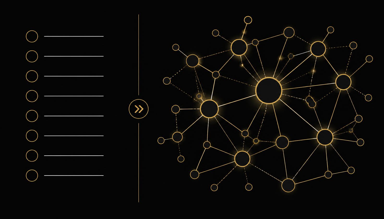 Knowledge graph SEO diagram comparing a flat keyword list with a connected entity network