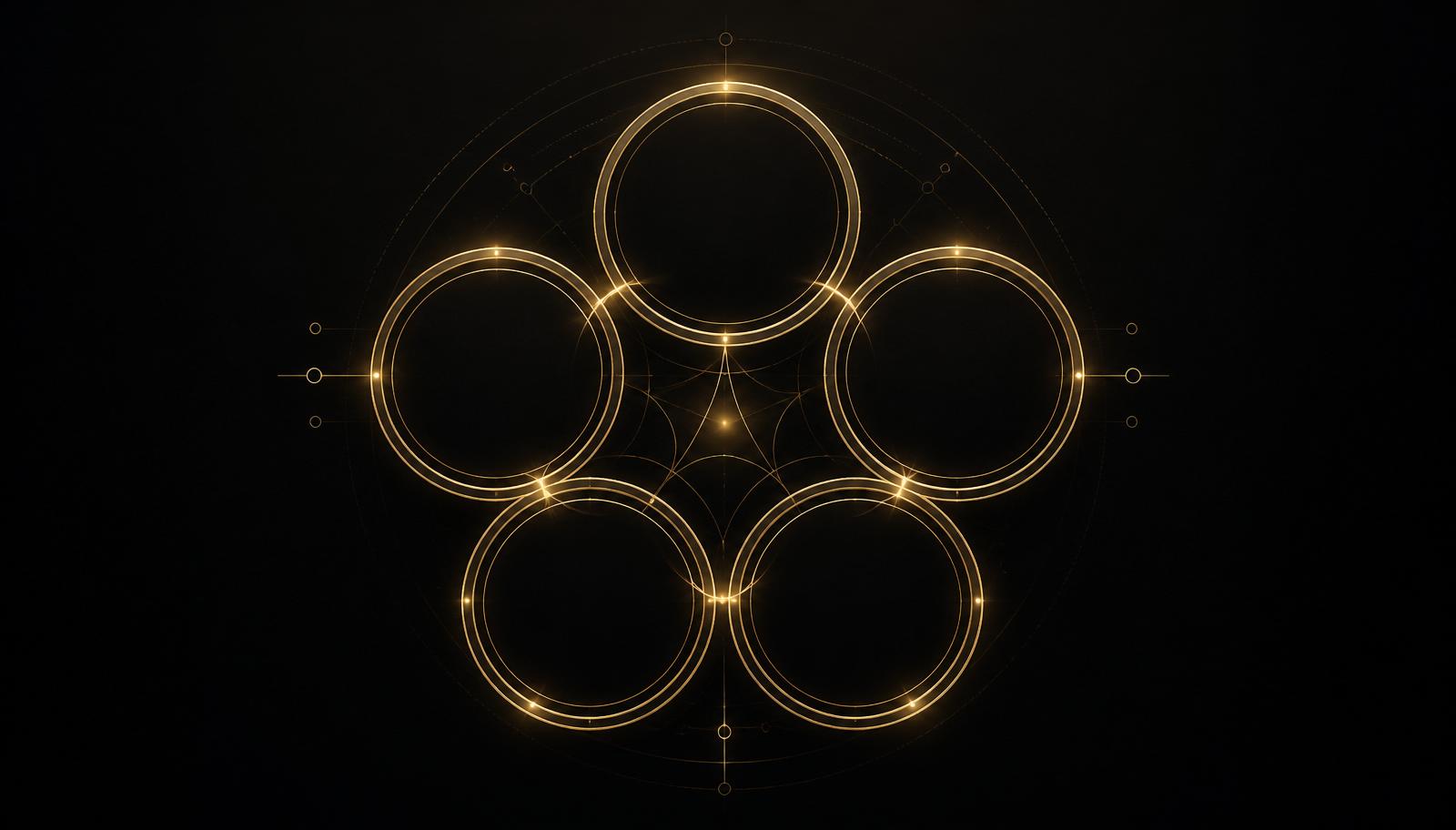 Five interlocking gold rings representing the AIO, AEO, GEO, SXO and MCPO optimization framework