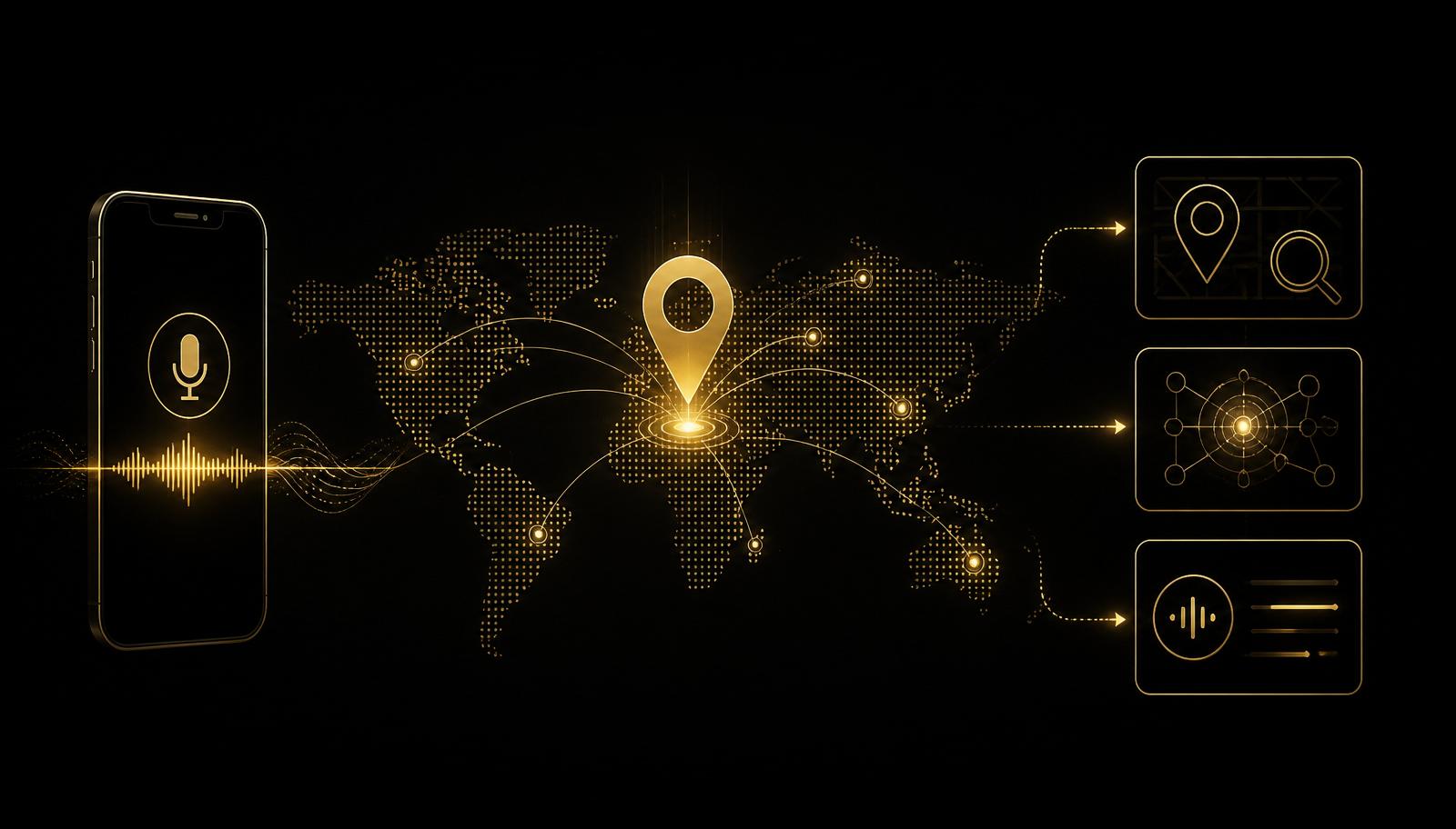 Voice search waveform and a glowing map pin over a world map, showing answer engine and local search intent